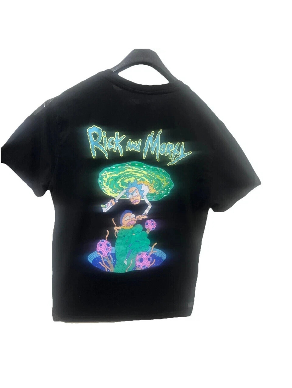 Rick and Morty Neon Black Graphic Large Glow In The Dark TShirt Adult Swim H&M.